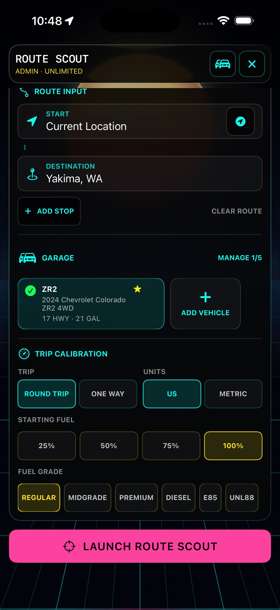 Route Scout’s redesigned trip setup, selected Garage vehicle, starting fuel and fuel grade controls