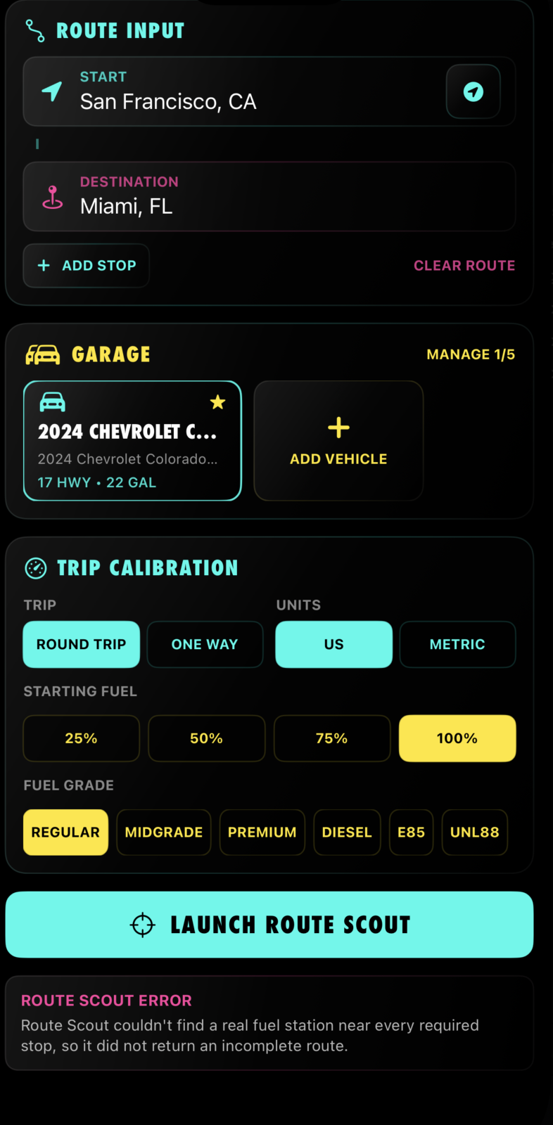 Route Scout route input, Garage, and trip calibration